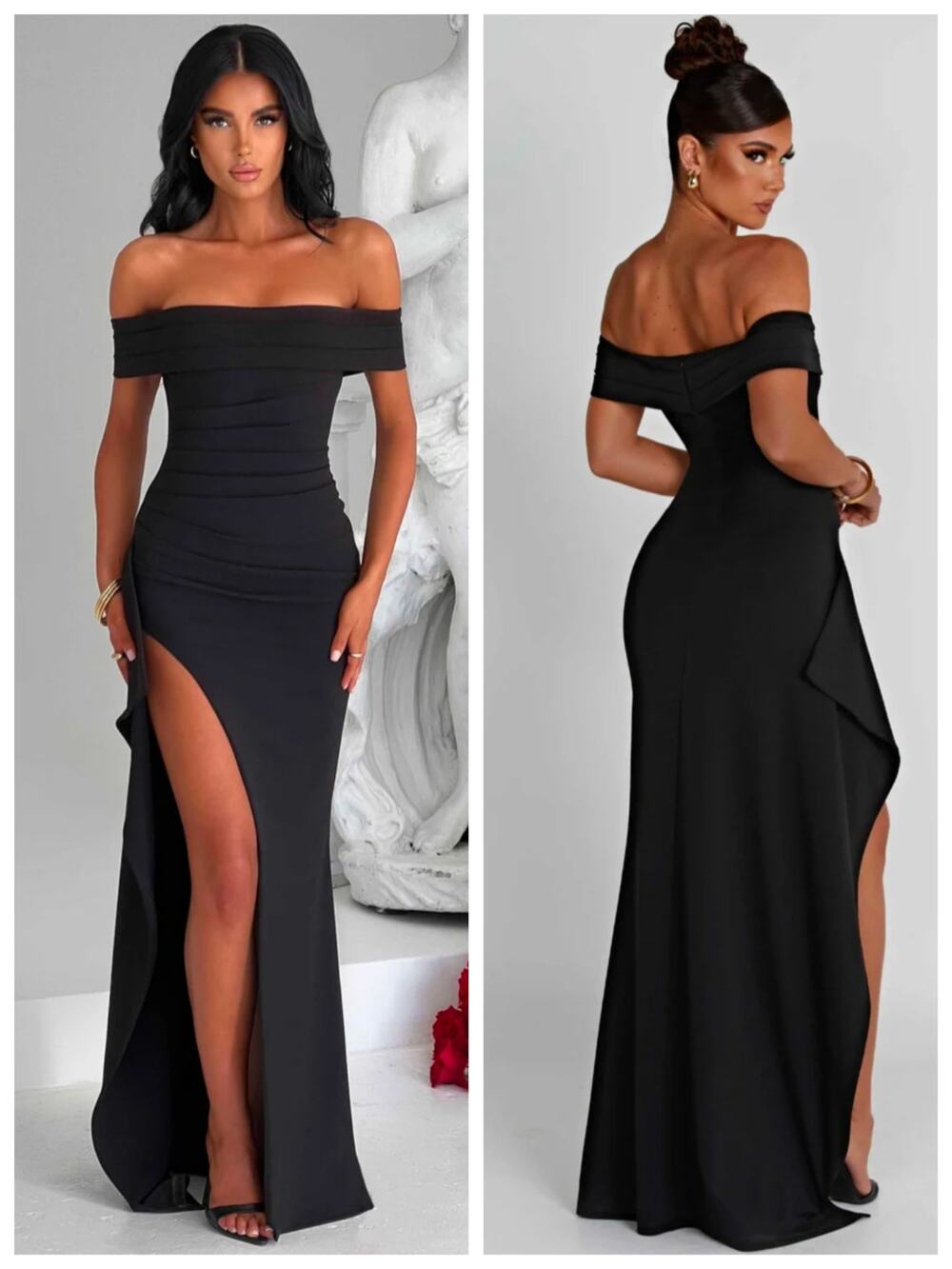 Babyboo Joyce Black Draped Off Shoulder Ruched Maxi Dress XS NWT